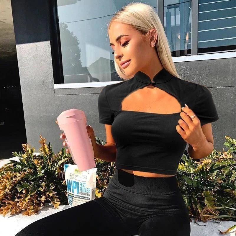 

Женская укороченная футболка в стиле Харадзюку с коротким рукавом, с вырезами, повседневная модная женская футболка, другие стили, обычный рукав, другие материалы...