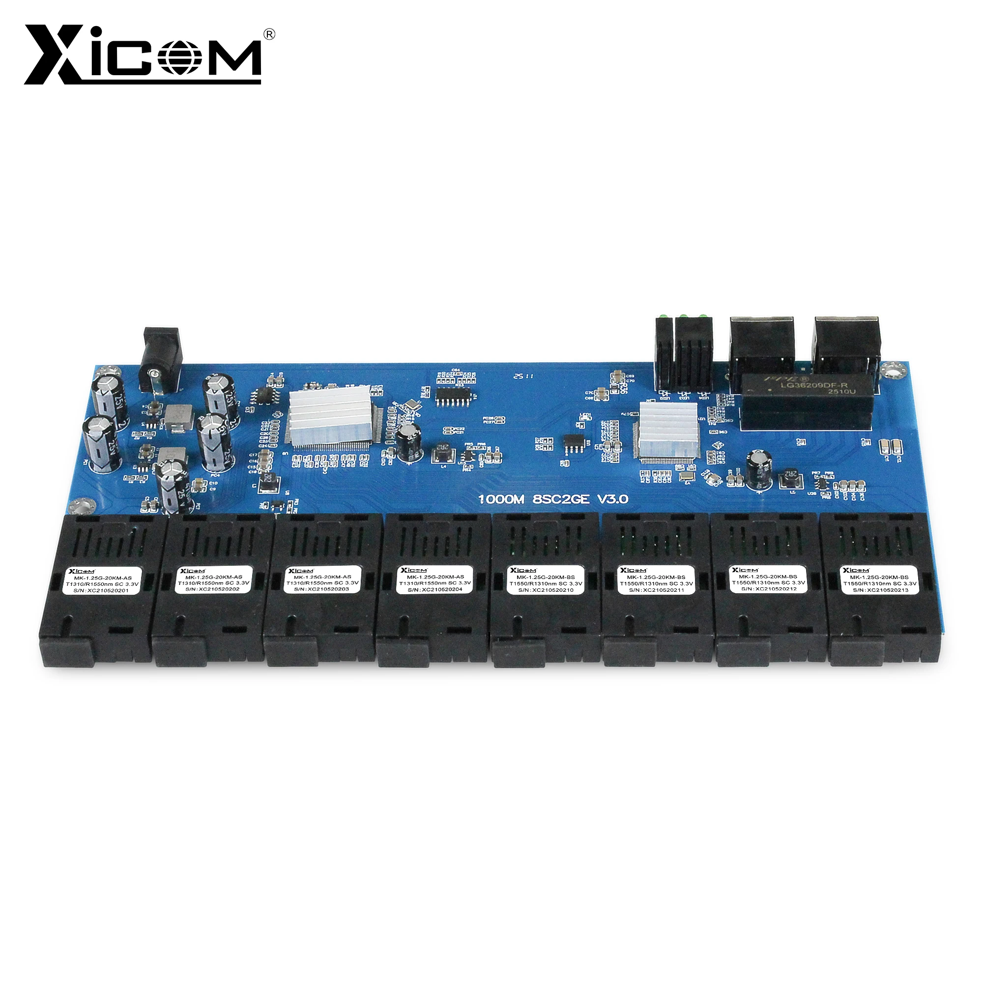 Xicom Gigabit Fiber Optic Media Converter 8 SC Optic 2 RJ45 Fiber Metro Board 100/1000M 8F2E PCBA Board for Camera/CCTV/Switch
