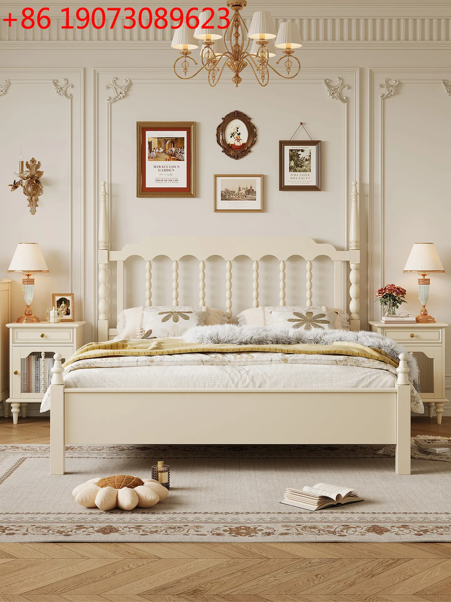 

Двуспальная кровать из цельного дерева во французском кремовом стиле, американская белая мебель для спальни, свадебная кровать