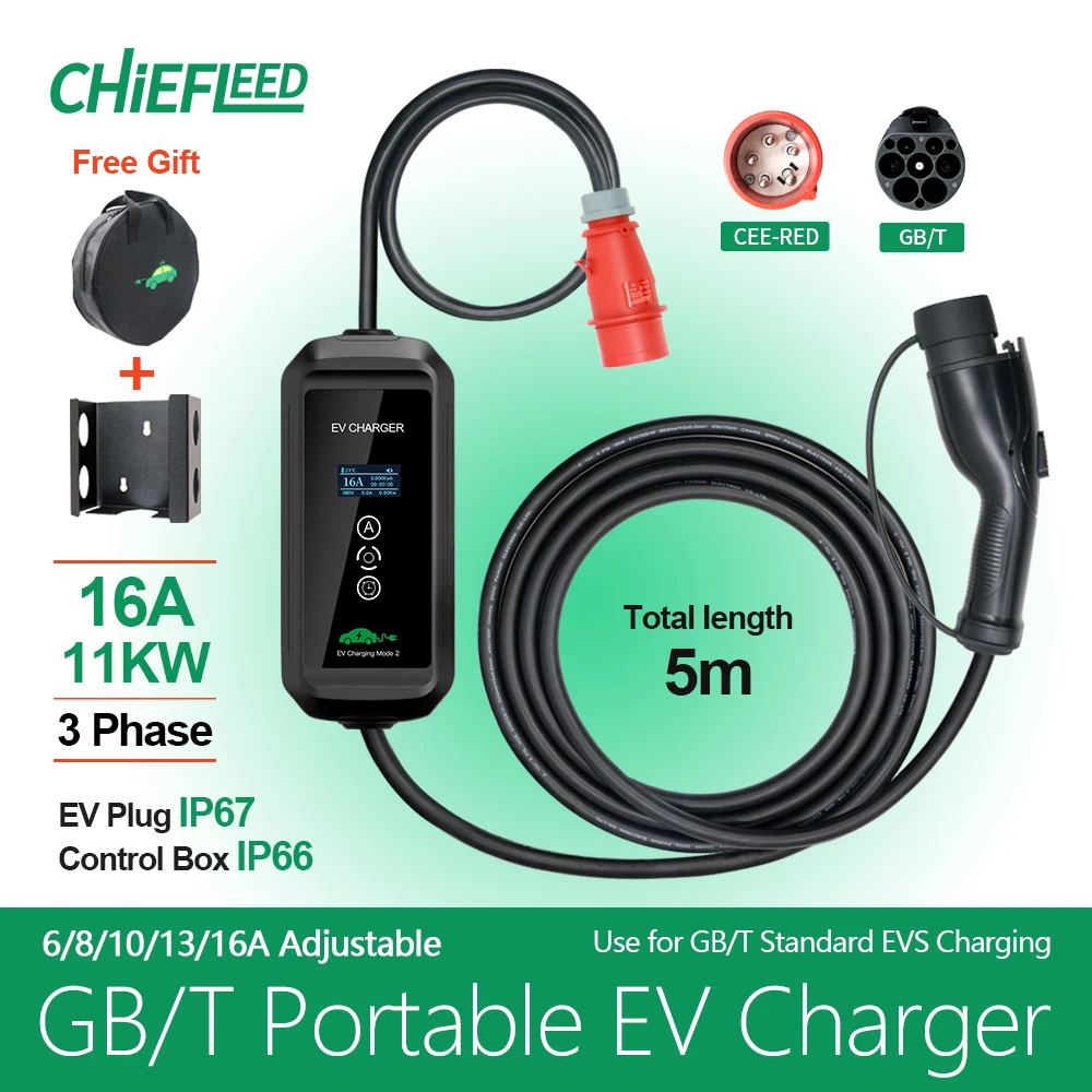 

Chieflee Electric Vehicle Car Charger EVSE Wallbox 16A 11KW Power Plug 5m Charging Box Plug 3Phase EV Portable Charger Type2 GBT