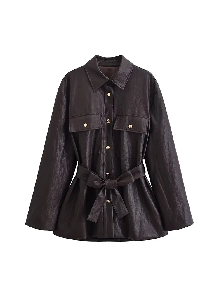 

European-style new women's fashionable and versatile solid color faux leather long coat with belt and lapel.