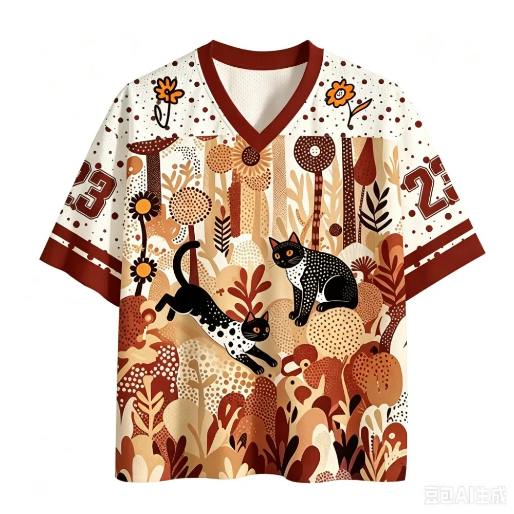 Y2K Forest Spotted Cat Pattern 3D Print Men Sport V-neckT-shirt Outdoor Street Casual Fashion Quickdry Breath Parent-child Cloth