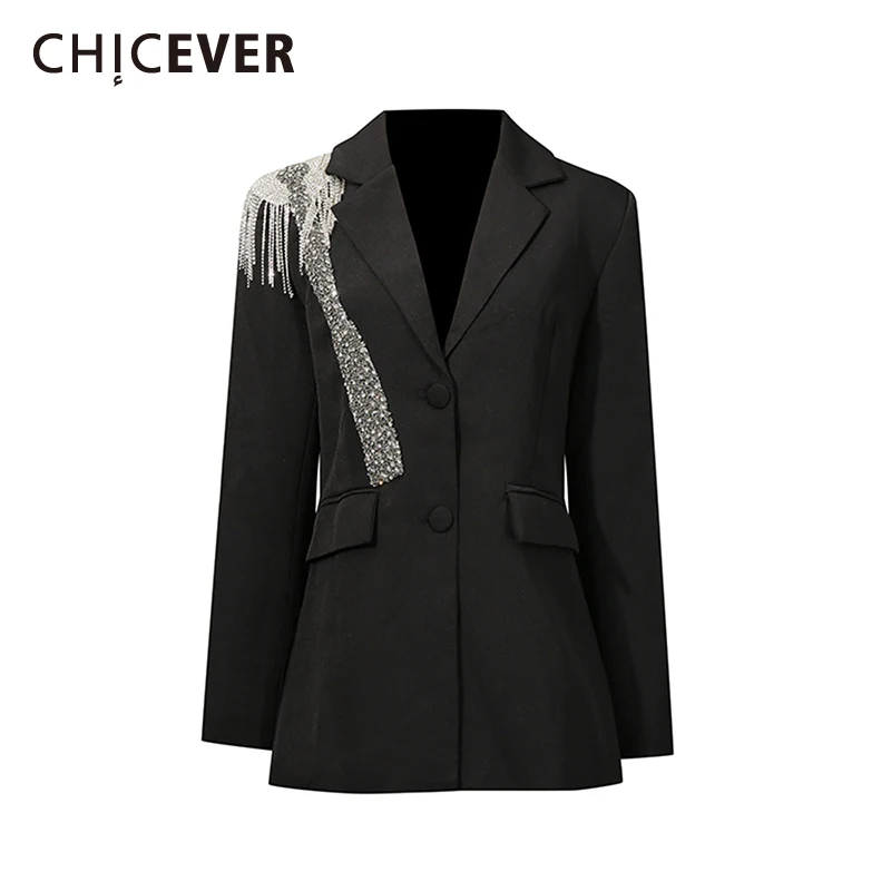 

CHICEVER Black Spliced Diamonds Tassel Basic Jacket Female Lapel Long Sleeve Elegant Women's Jackets Autumn Fashion New Style