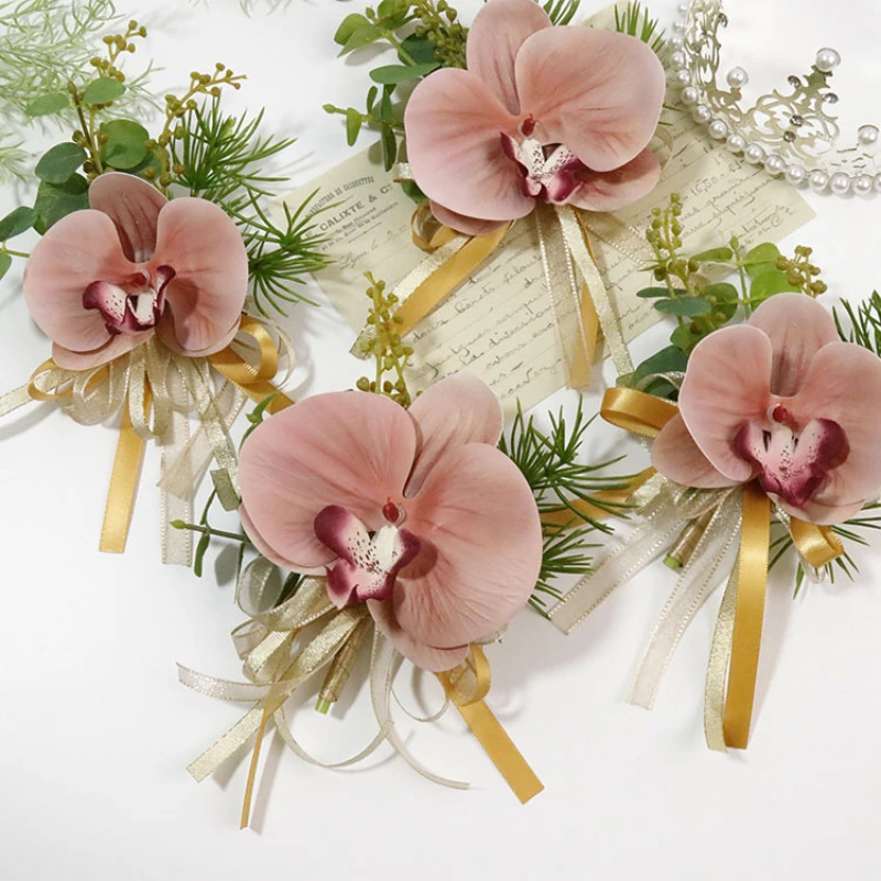 Cô Dâu Phù Dâu Tay Bướm Hoa Phong Lan Thổ Cẩm Hoa Cho Nam Cổ Tay Corsages Vòng Tay Vòng Tay Trắng Cưới Phụ Kiện