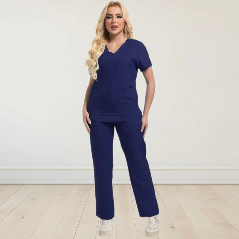 Black Workwear Surgical Uniforms Jogger Suit Nurse Scrubs Set Medical Clinical Clothes Doctor Nursing Uniforms Pockets Top Pants
