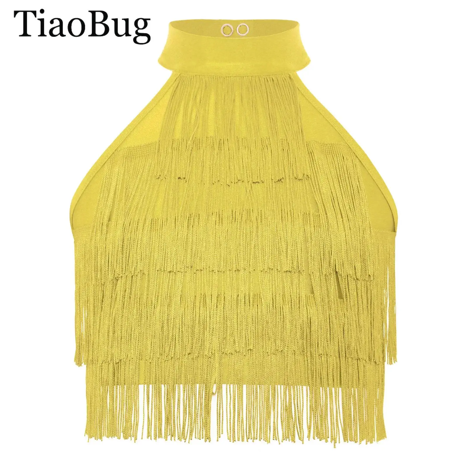 

Kids Girls Salsa Rumba Samba Performance Costume Latin Dance Crop Tops Sleeveless Strappy Back Tassels Vest Camisole Dancewear