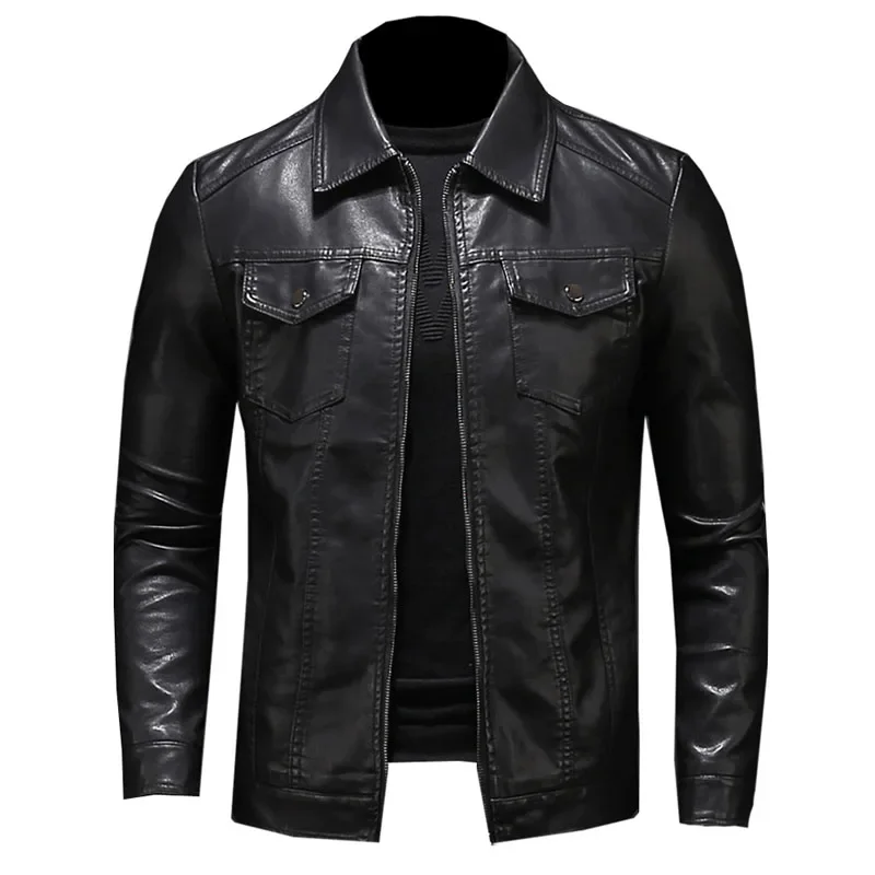 

LIBIELIY Men's Motorcycle Leather Jacket Large Size Pocket Black Zipper Lapel Slim Fit Male Spring And Autumn High Quality Pu Co