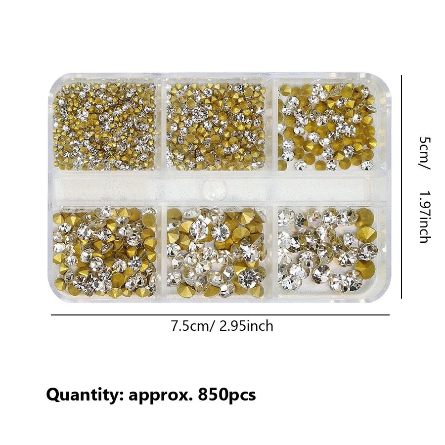 6 Grid Box Nail Art Rhinestones Strass Gems Pointed Bottom for UV Gel Polish DIY 3D Decoration Jewelry