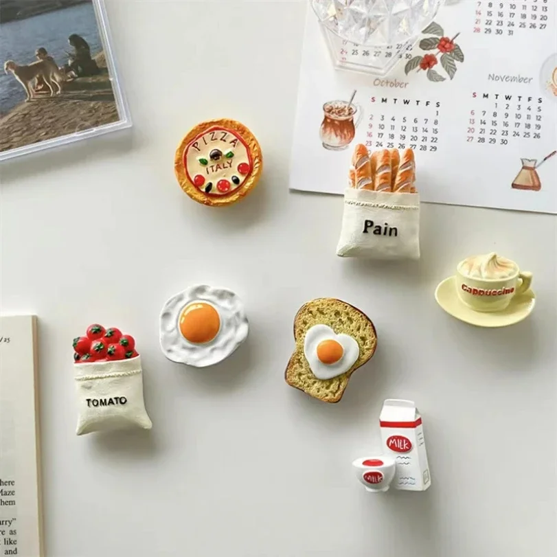 Creative Fridge Magnets Food Series 3D Simulation Eggs Bread Tomatoes on Sticks Breakfast Decoration Resin Refrigerator Sticker