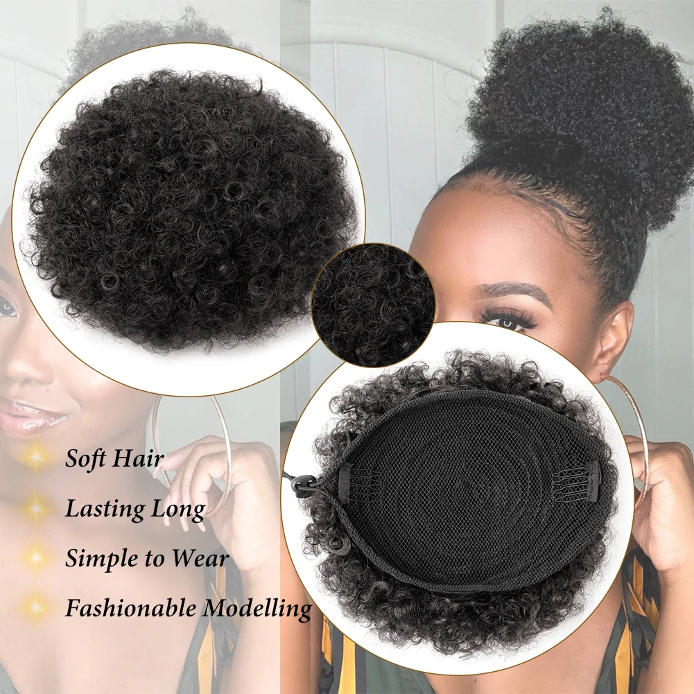 Curto Sintético Afro Puff Drawstring Ponytail Extensão, Bun Encaracolado, Puff Bun Cabelo, Clipe Premium