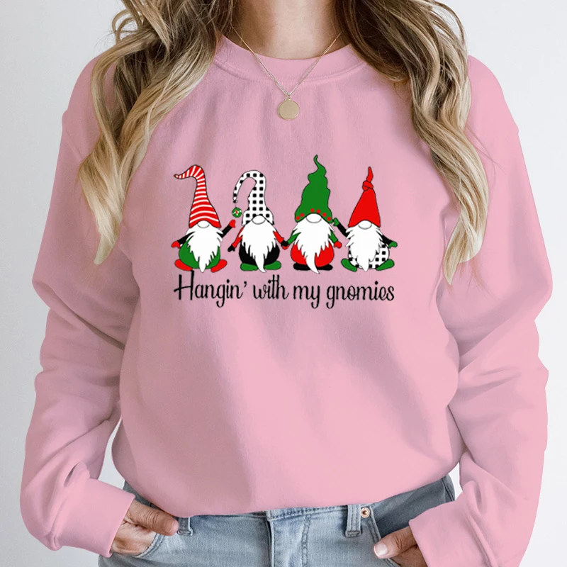 Christmas Hangin\' With My Gnomies Print Pullover Autumn Winter Creative Christmas Tops Ladies Casual Sweatshirts O Neck Pullover