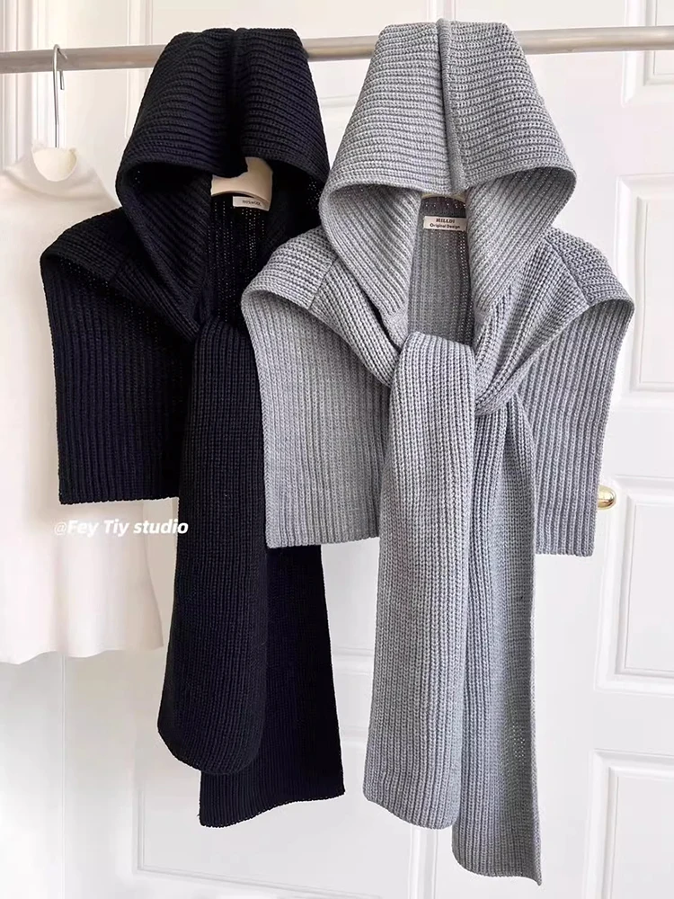 

Vintage Fashion Hooded Sweater Poncho Women Elegant Irregular Knitted Cape Solid Cloak Top Ponchos Mujer
