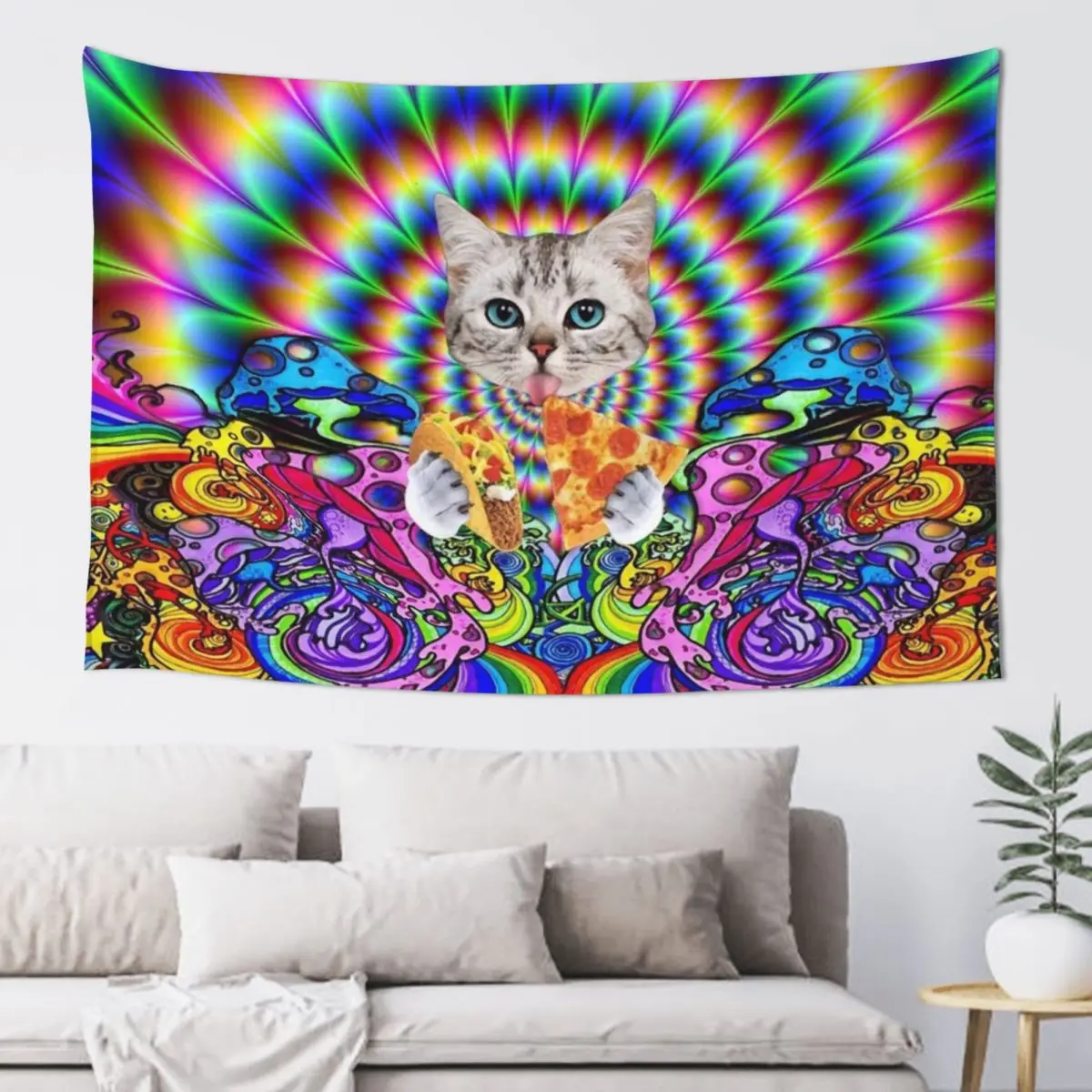 Trippy Taco Pizza Cat Tapestry Japanese Room Decor Home And Comfort Decor Bedroom Decor Tapestry