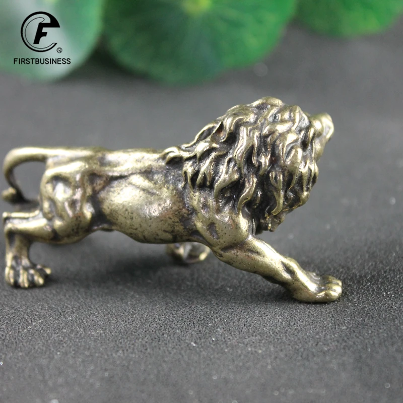 Antique Bronze Male Lion King Statue Small Ornaments Solid Copper Mountain Lions Miniature Figures Brass Sculpture Crafts Decor