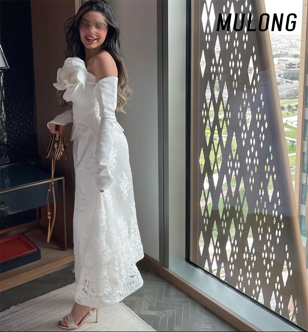 

MULONG Luxury Evening Dresses 2023 Long Sleeves Ivory Prom Dresses Applique Lace Formal Prom Dresses Custom Made New 2023