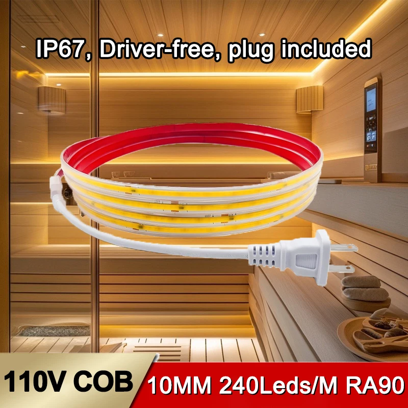 

Drive-free 110V 5M/Roll IP67 Waterproof Cob Led Strip 10mm No Flicker Flexible Cuttable Self-adhesive Led Strip Light