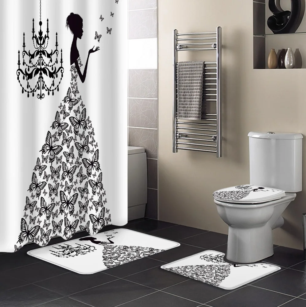 Butterfly Dresses Girl Chandelier Black And White Fabric Bathroom Curtain Shower Curtains Set Rugs Toilet Lid Cover Bath Mat