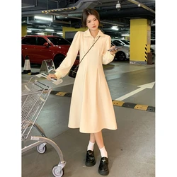 Casual addensare caldo allentato Waffle vestito donna autunno inverno risvolto manica intera solido lungo abiti eleganti femminile cerniera abiti