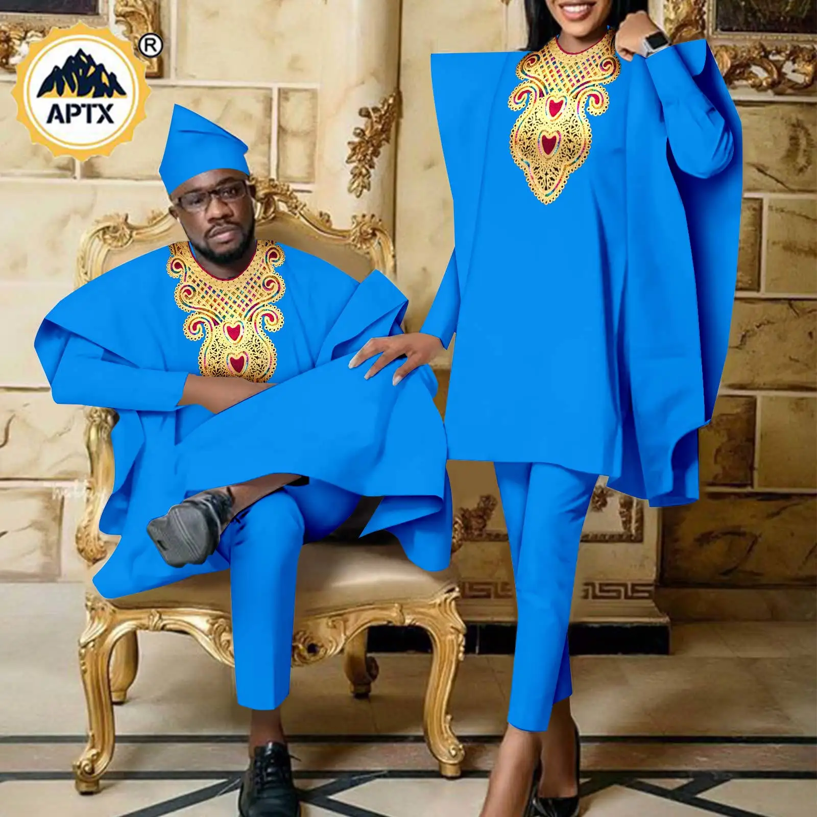 Africa Clothing Bazin Riche African Couple Agbada Wear Aso Ebi Women Robe Sets Matching Men Outfits Dashiki Groom Suit Y23C024