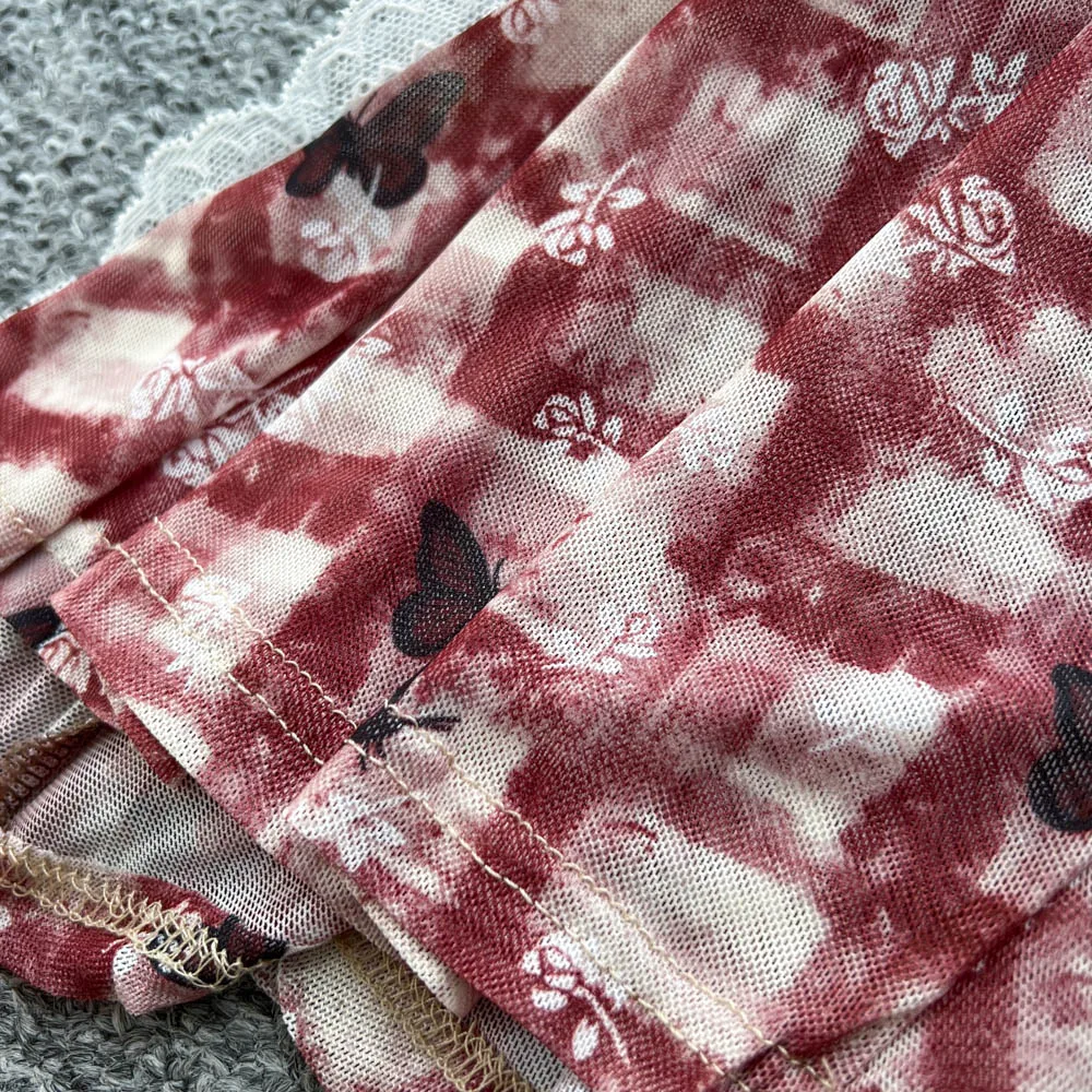 Chic vintage Sexy stampa in pizzo diviso sottile Elegante Fata Estate moda coreana Boho Vestito estivo abbigliamento donna Abito lungo