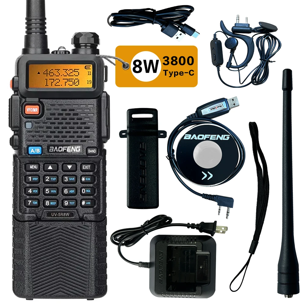 

Baofeng UV-5R 8W 3800mAh Walkie Talkie Tri Power Long Range Type-C Charger UHF VHF Handheld Transceiver Ham Two Way Radio