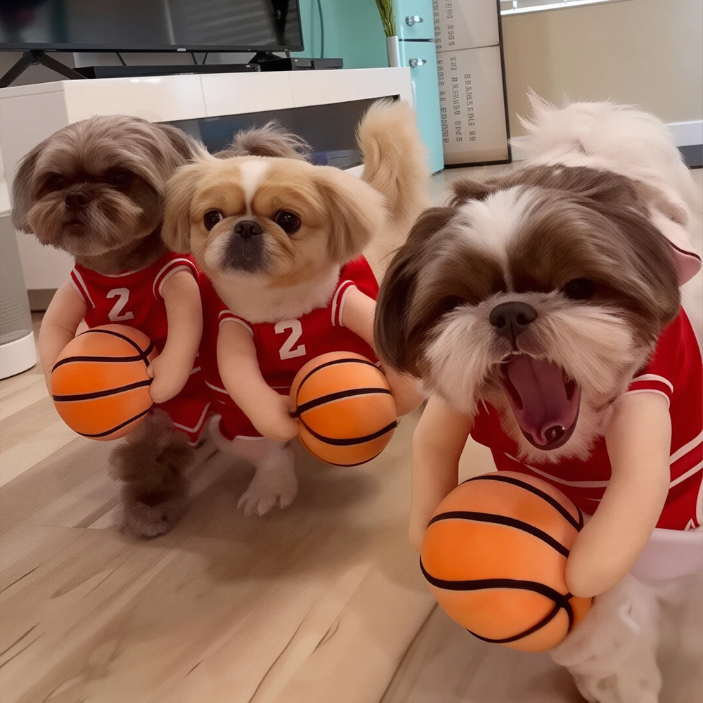 Lustiges Basketball-Spieler-Hundekostüm mit 3D-Ball, atmungsaktives rotes Trikot für Hunde & Katzen, Haustier-Halloween-Cosplay-Outfit