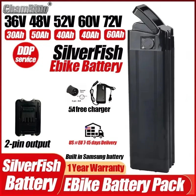 

36v48v52v 60v 72v Bafang 1000w 2000w ebike Lithium Batterie SilverFish Electric Bicycle Battery 20 24 30ah 40ah 50 60ah Batterij