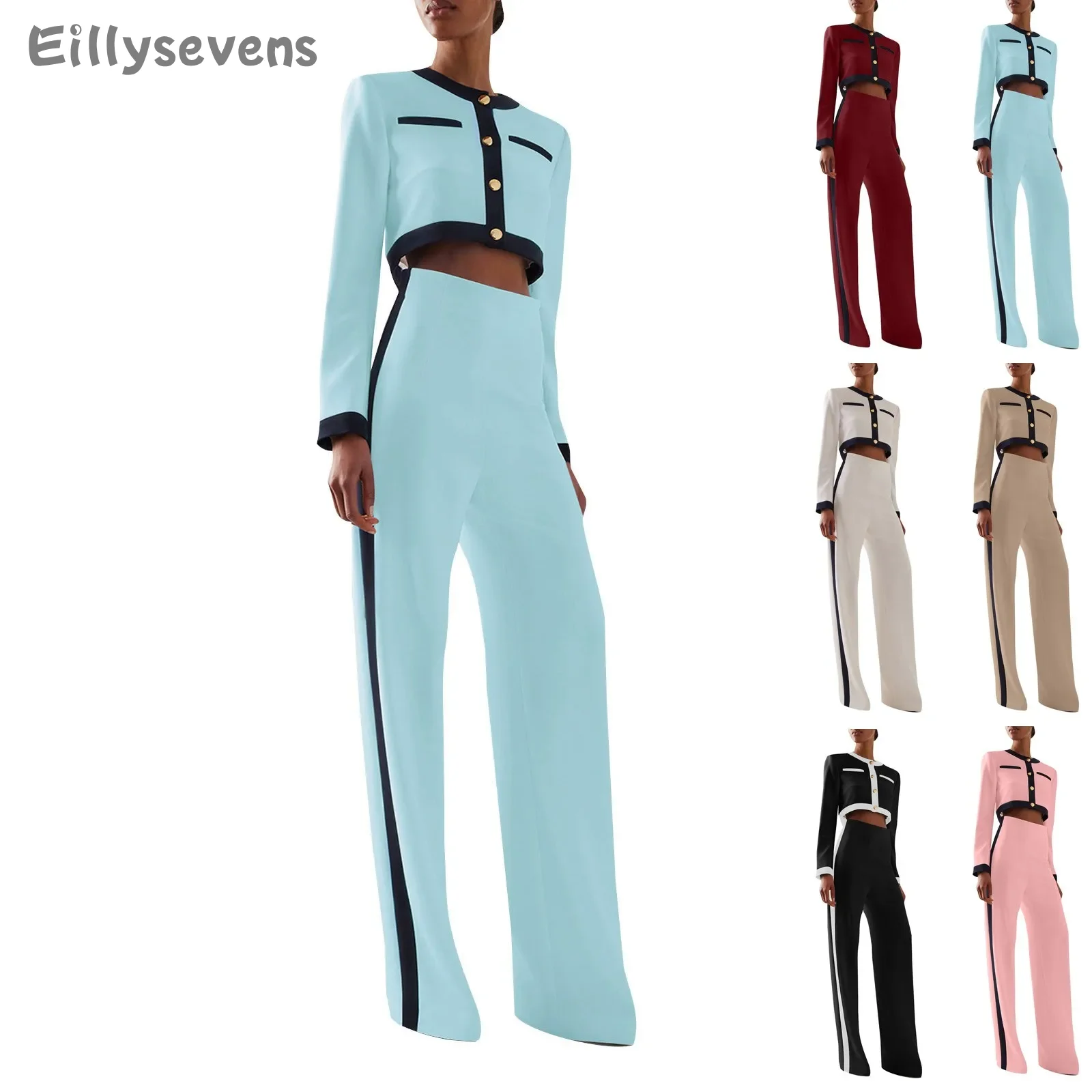 Women\'s New personality suit Splicing O-Neck Single Breasted Top Pants Set Autumn sports long-sleeved wide-leg pants suits