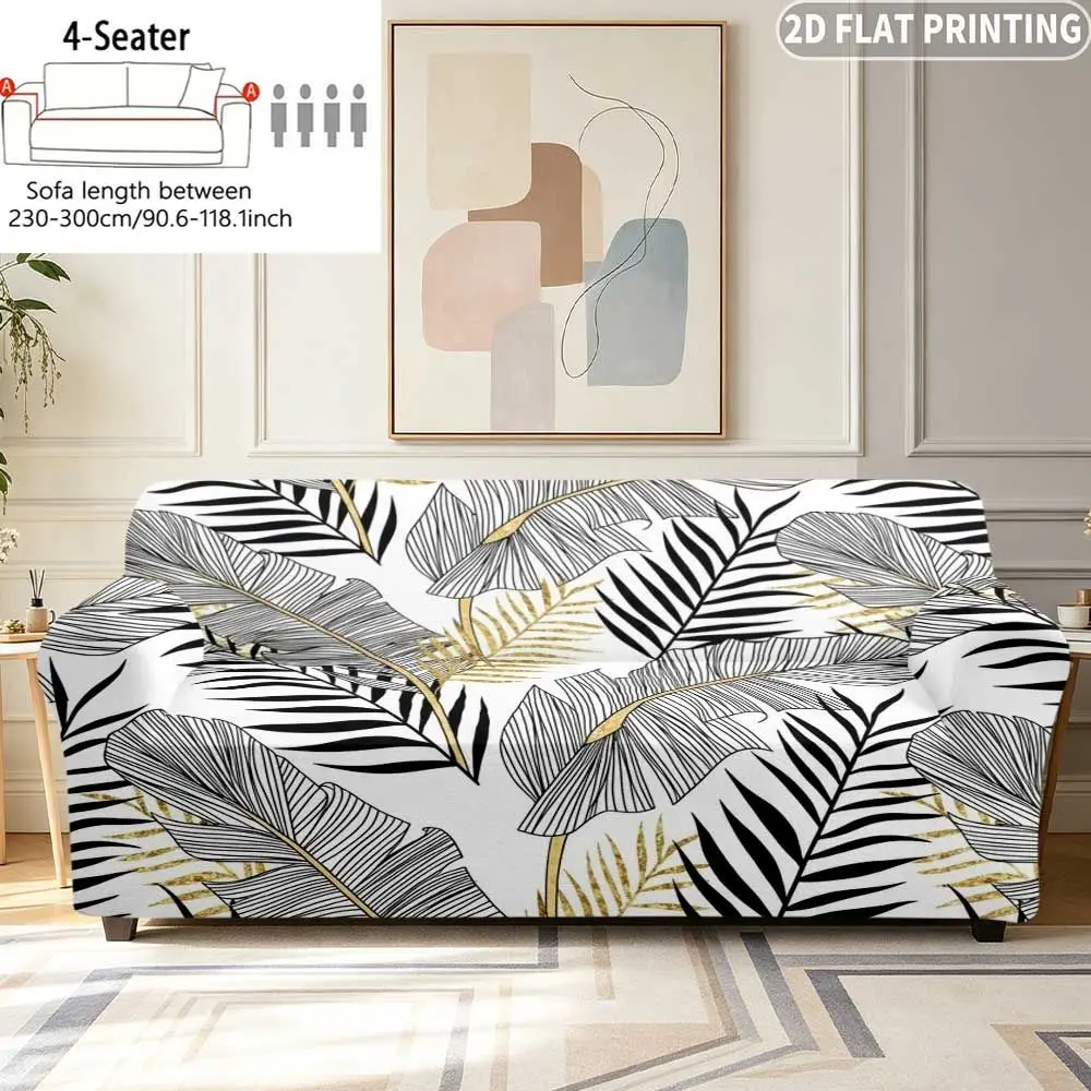 1pc Elastic Sofa Cover Black White Gold Tropical Leaf Pattern Print,  Single/Double/Three/Four-Person/Sleeper Sofa Halloween