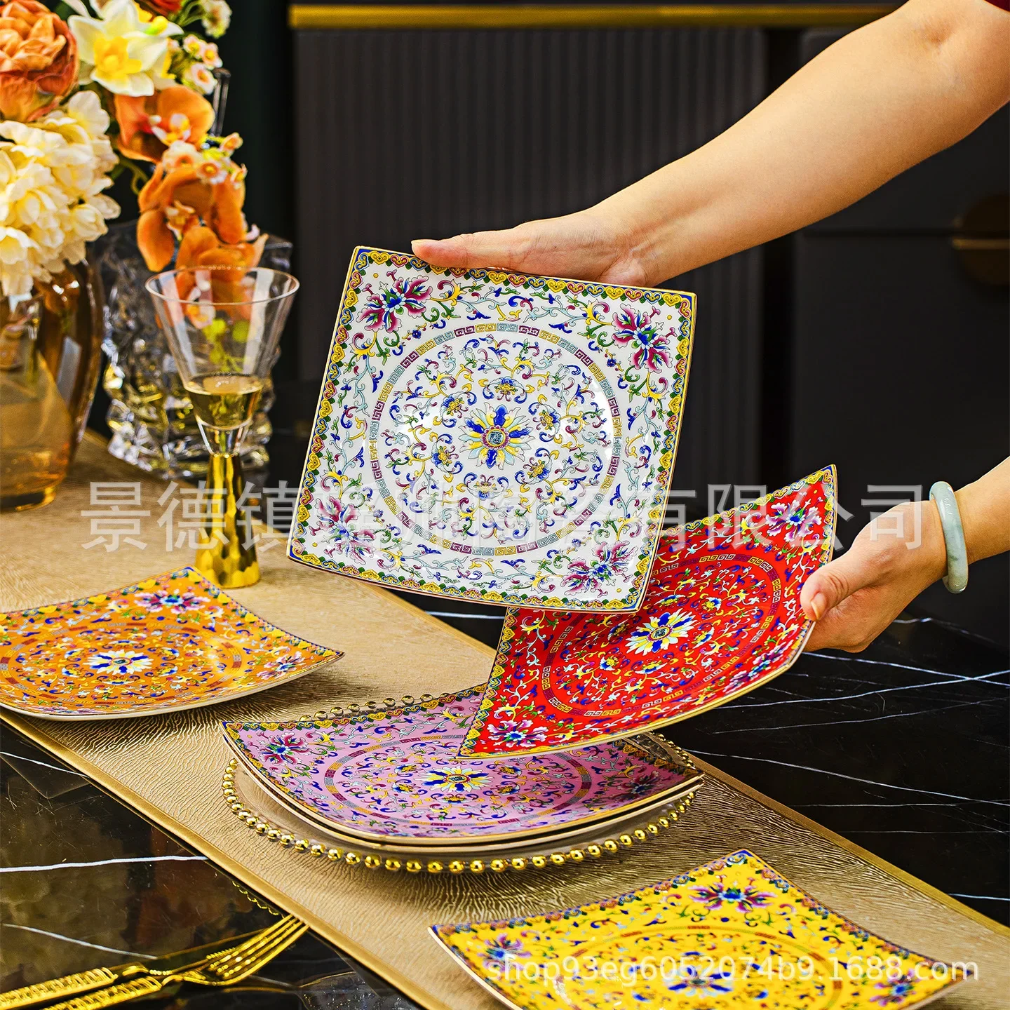 DSA ceramic tableware new enamel color Chinese-style household flat plate deep plate light luxury hotel table tableware
