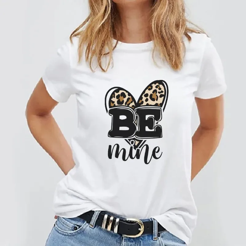 Fashion Leopard Print Love Print Valentine's Day Couple Short-sleeved Crew-neck Casual T-shirt Graphic T Shirts  Women Clothes