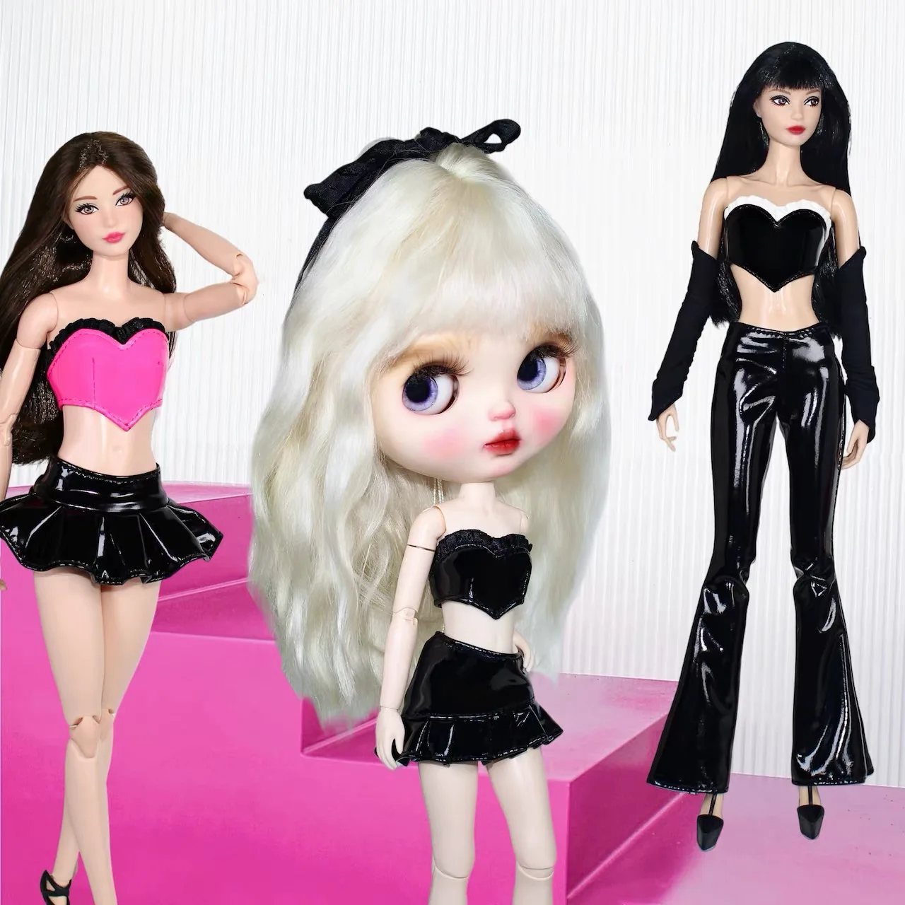 Ubranka dla lalek 30 cm, koszulka z długim rękawem z siatki wędkarskiej + modna skórzana kamizelka z serduszkiem Spice Girls dla lalek 1/6 BJD OB24 FR Supermodel Dress Up