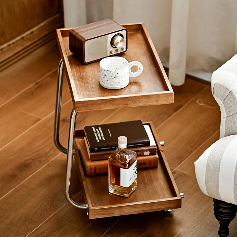 

Retro Wooden Sofa Side Table with Rolling Storage Minimalist Living Room End Table Vintage Tea Stand with Shelf