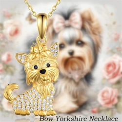 1Pc Cute Golden Bow Yorkshire Rhinestone Necklace Exquisite Pet Puppy Memorial Jewelry Dog Lover Holiday Birthday Gift
