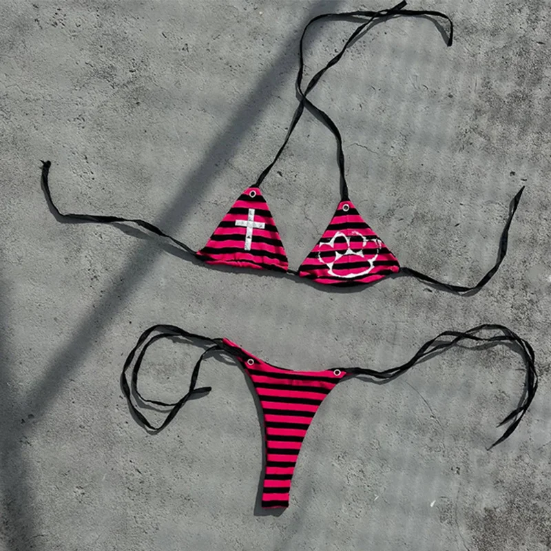 Strappy triangle cup bikini set, sexy subculture gothic style thong swimsuit, beach vacation swimwear