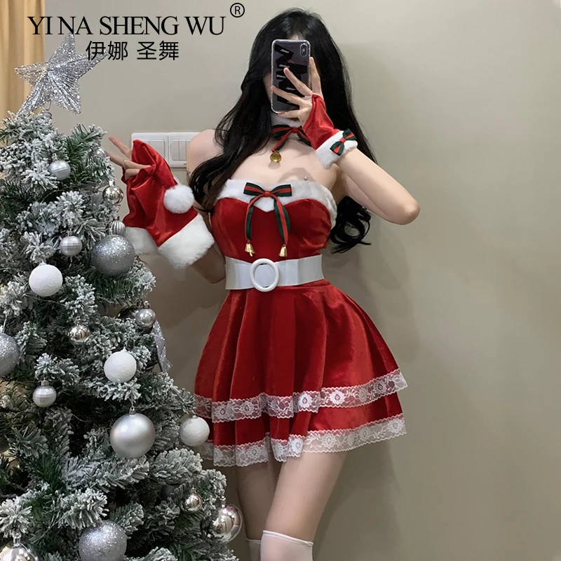 Christmas Sexy Plush Bunny Girl Uniform Cosplay Costume Velvet New Year Red Dress Nightdress RolePlay Outfits Underwear for Girl