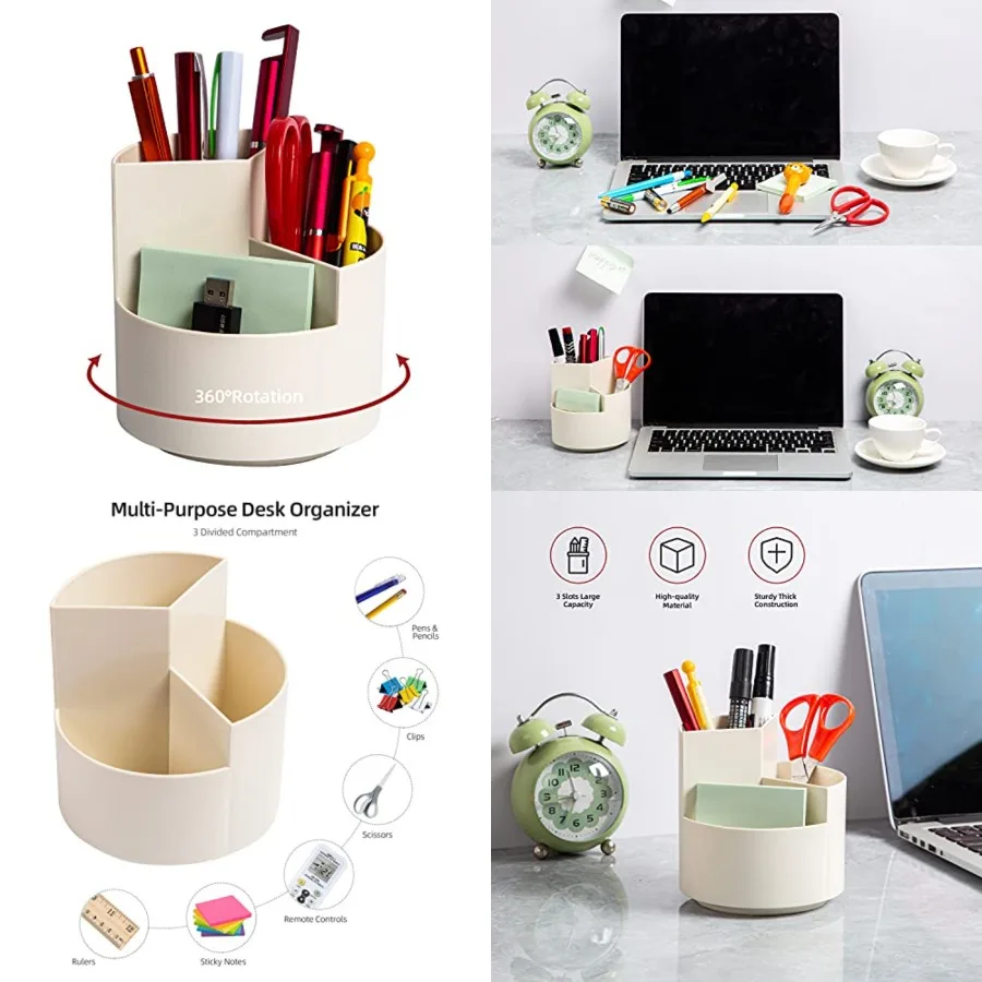 

Desk Pencil Pen Holder, 3 Slots 360-Degree Spinning Organizers, Desktop Storage Stationery Supplies, Cute Cup Pot for Office, S