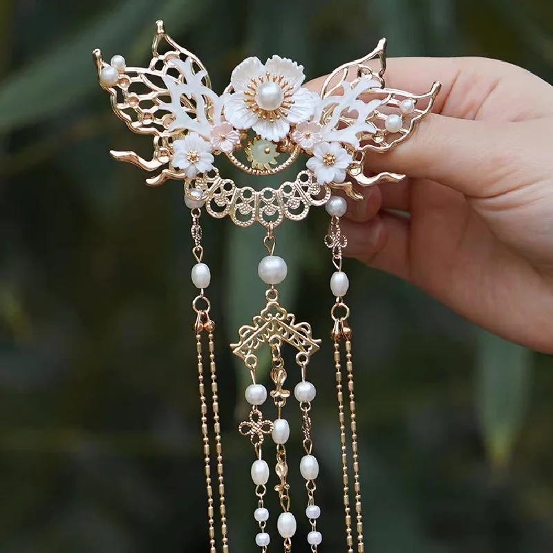 Tassel Hairpin Tiaras Chinese Hair Accessoreis National Classic Crown Hair Clip Fairy Floral Pearl Hair Jewelry Retro Tiaras