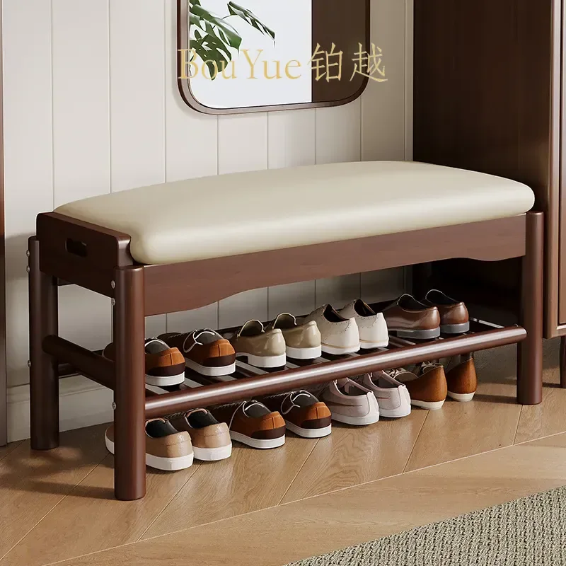 Solid Wood Shoe Bench with Armrest Entryway Storage Stool Integrated Porch Seating Cabinet for Hallway Home Organization