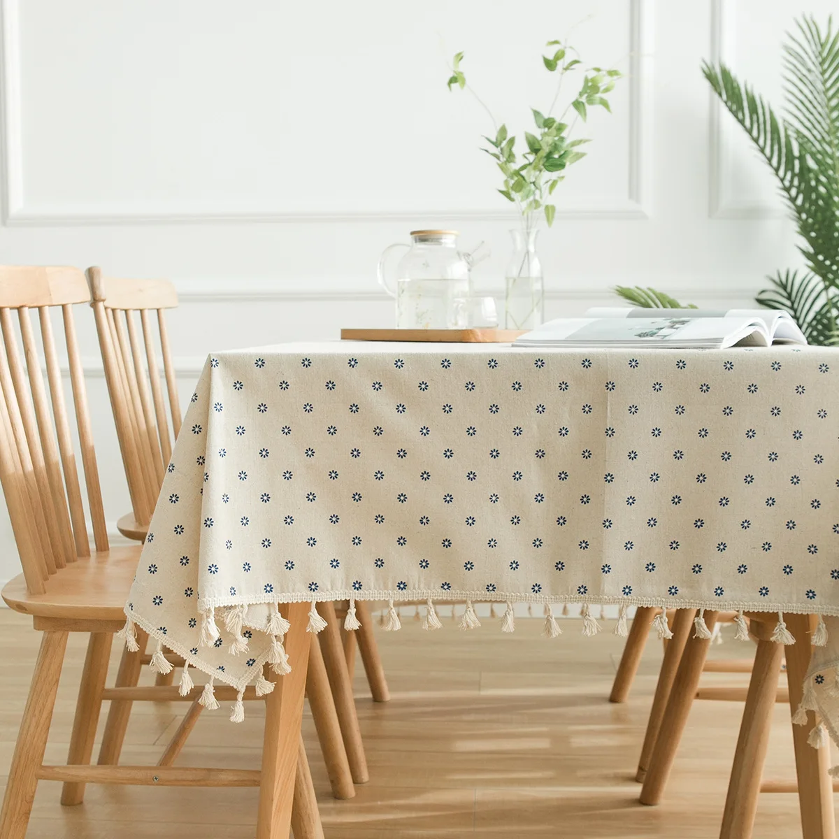 Tischdecke mit Blauem Gänseblümchen-Druck, Haushaltstücher mit Quasten-Spitze, Frischer Ländlicher Stil Tischdecke