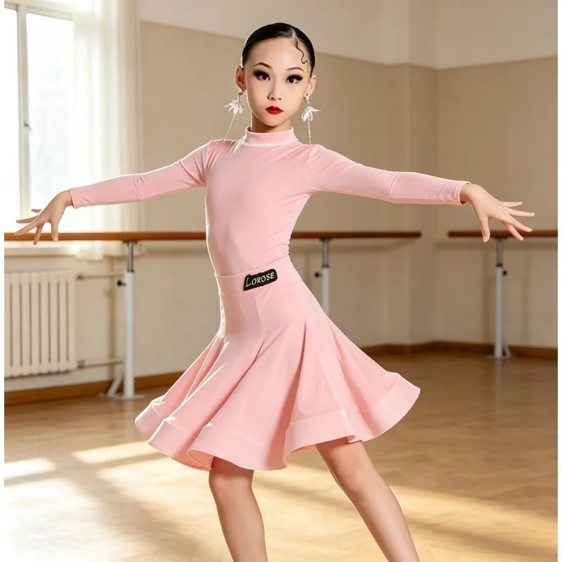 Warm Velvet Latin Dance Dress Kids Long Sleeve High Neck Flared Skirt Winter Competition Costume Line Dance Clothing Women