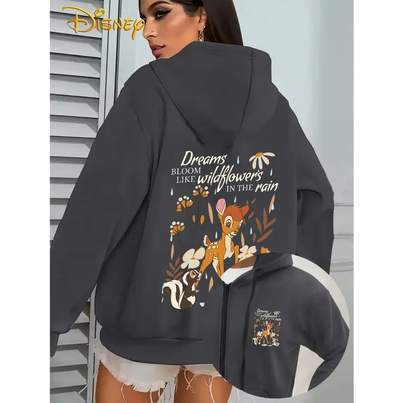 ديزني بامبي "Wildflower Dream" سحاب مطبوع هوديي الخريف/الشتاء موضة جديدة غير رسمية ملابس الشارع للرجال والنساء #2