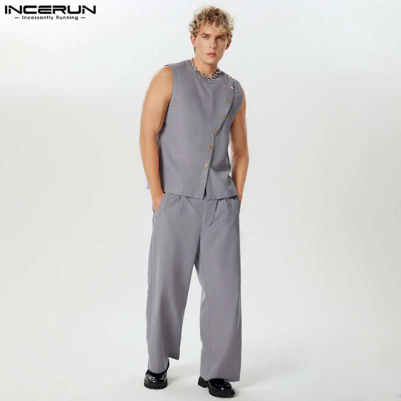 INCERUN Men set estate tinta unita o-collo senza maniche canotte e pantaloni due pezzi set Streetwear 2024 moda uomo abiti Casual