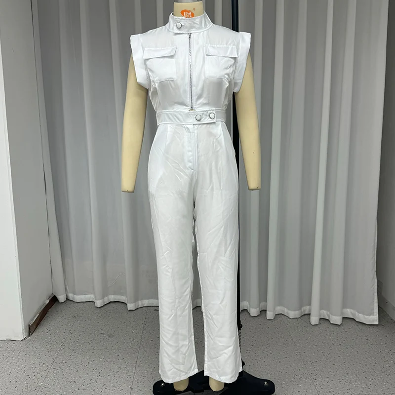 Wefads Jumpsuit Women Summer Casual Simple Solid Sleeveless Round Neck Nipped Waist Wide Legs Loose Pants Jumpsuit Streetwear