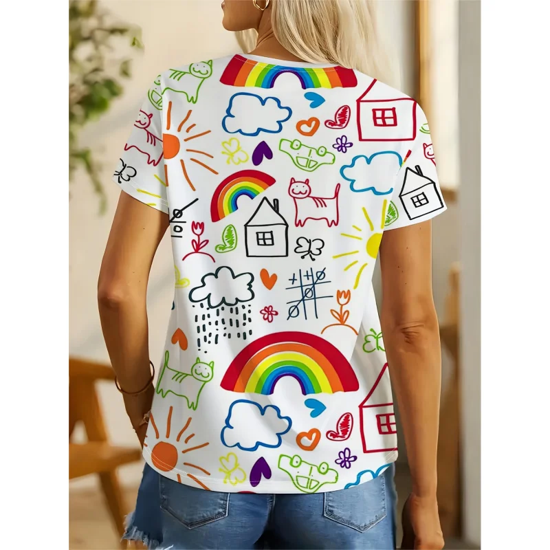 2026New Product Fun Graffiti Rainbow Cat Sunflower Print All-season casual tops Women's Short Sleeve