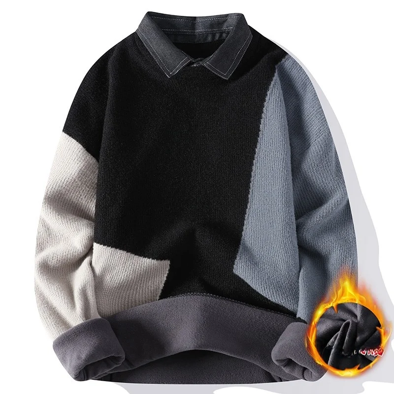 

Youthful Mens Knitted Sweater with Collar Patchwork Color Blo Design Faionable Korean Sle Spring Autumn Thiened Long ...