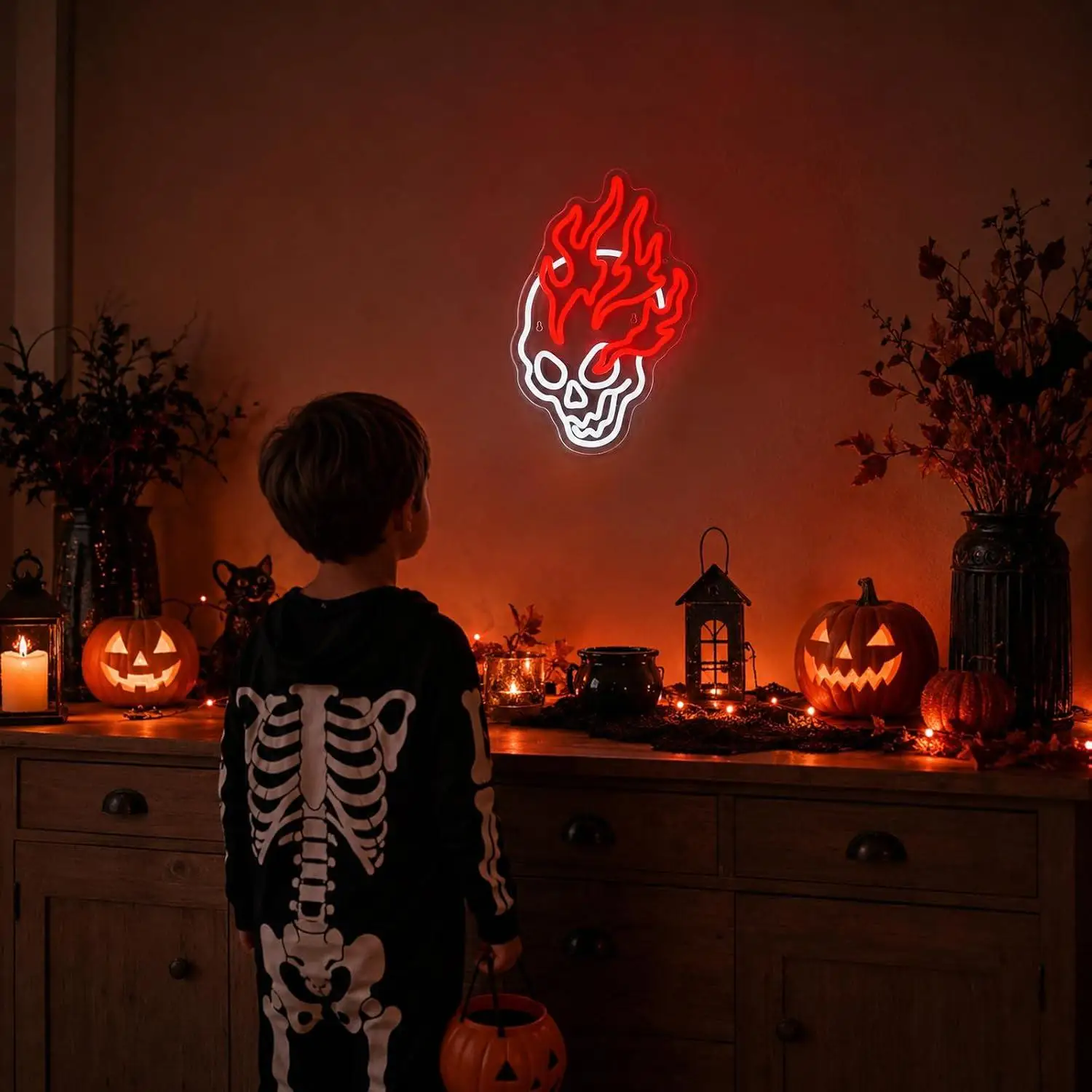 Flaming Skull Neon Sign Dimmable USB Powered Neon Light For Halloween Party Bar Man Cave Game Room Wall Art Decor Night Light