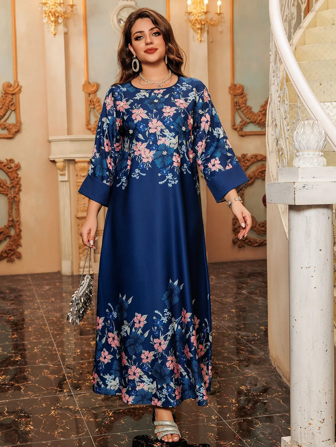 

2024 New Muslim Women Print Pearls Maxi Dress Kaftan Dubai Abaya Ramadan Djellaba Eid Jalabiya Saudi Arabic Robe Caftan Marocain