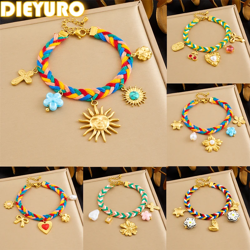 

DIEYURO 316L Stainless Steel Golden Sun Flower Heart Zircon Bracelet Lady New Trend Vintage Colorful Handmade Rope Chain Jewelry
