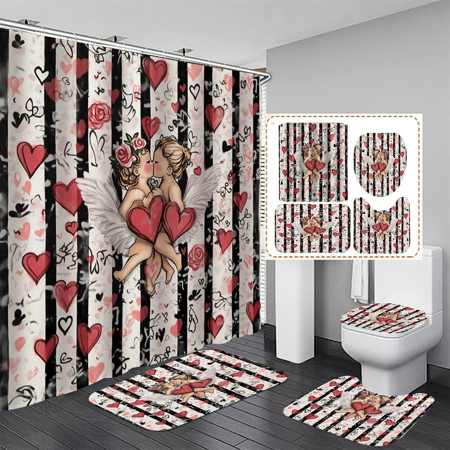

4pcs Cupid Pattern Curtain Set, Bathroom Decor Kit Includes Printed Shower Curtain, 12 Plastic Hooks, Non-Slip Mat & Toilet